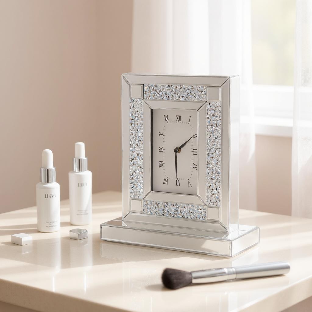 16 Silver And White Faux Crystal And Mirrored Glass Table Clock