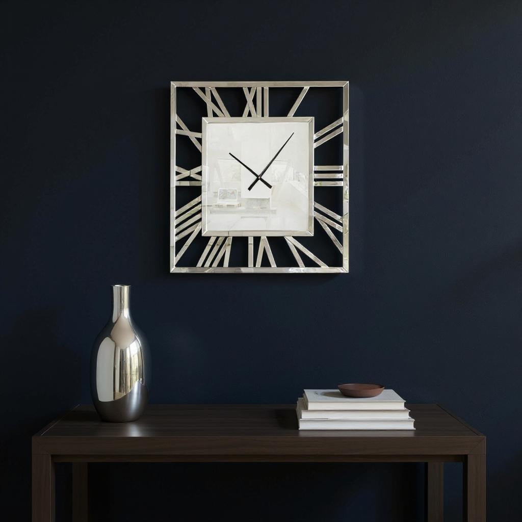 27 Silver Mirrored Glass Silent Analog Square Wall Clock