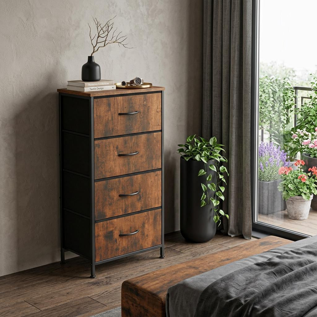 18 Black And Brown Fabric Wood And Metal Four Drawer Dresser