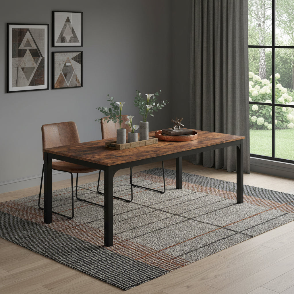 46 Brown and Black Wood and Iron Dining Table