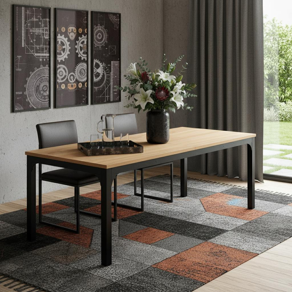 46 Natural and Black Wood and Iron Dining Table
