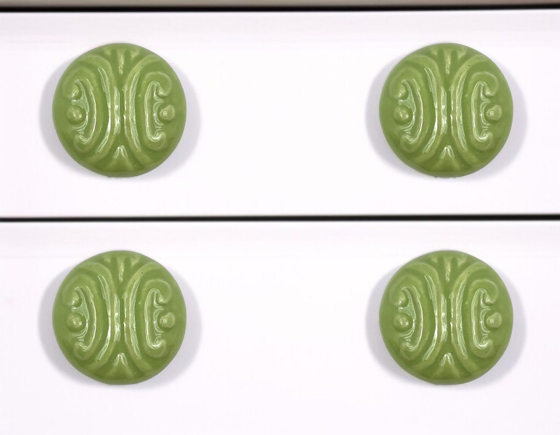 Set of Six Green Mushroom Knob Embossed Ceramic Drawer Pull Knobs