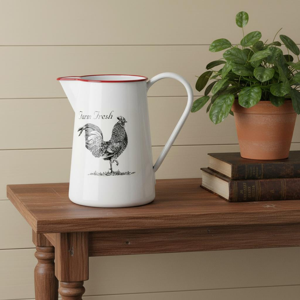8 Black And White Metal Farm Fresh Chicken Decorative Jug
