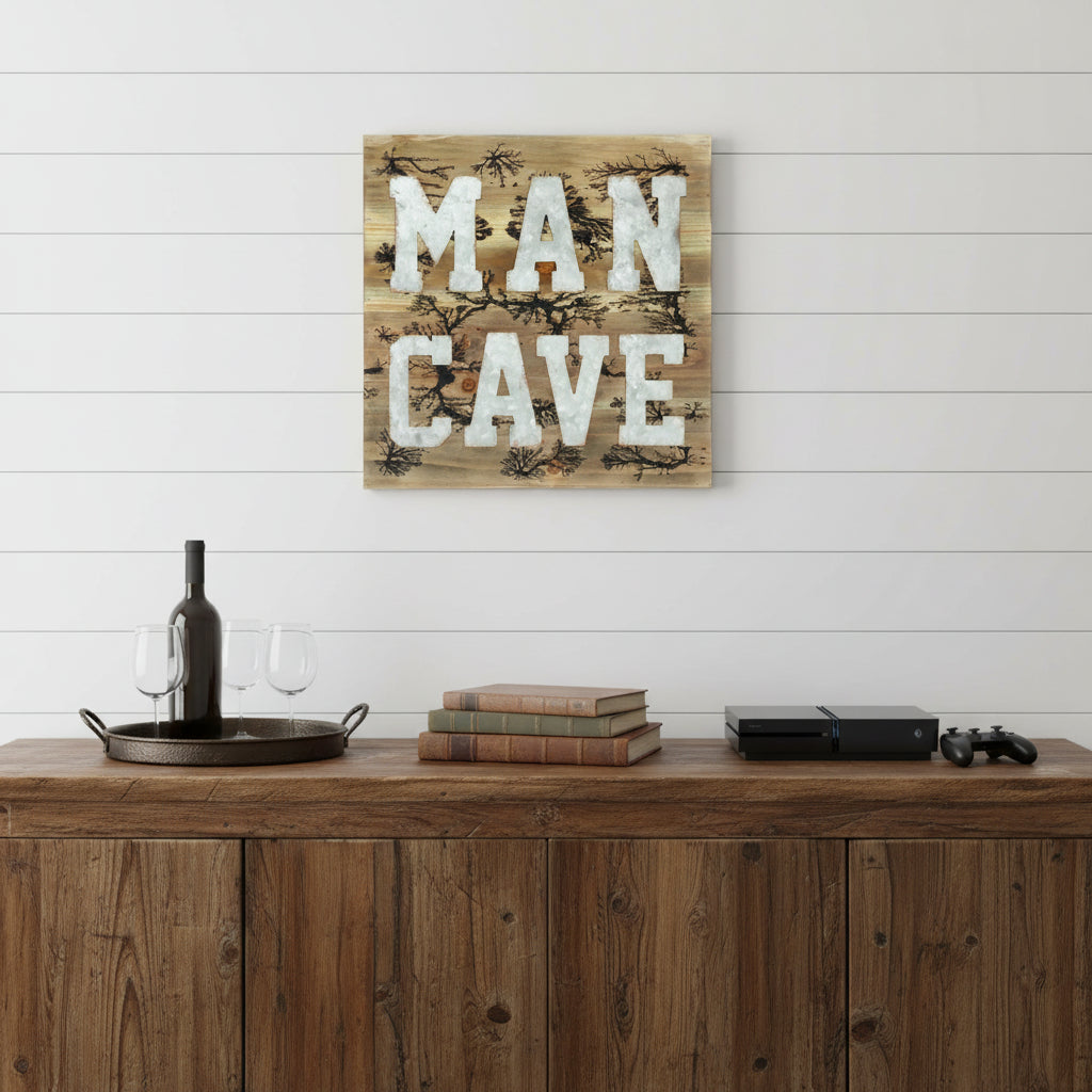 16 X 16 Brown And Gray Man Cave Wood And Metal Wall Decor