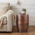 20 Inch Textured Copper Distressed Iron Round Drum End Table