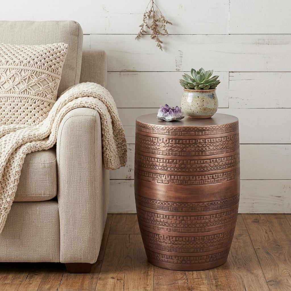 20 Inch Textured Copper Distressed Iron Round Drum End Table