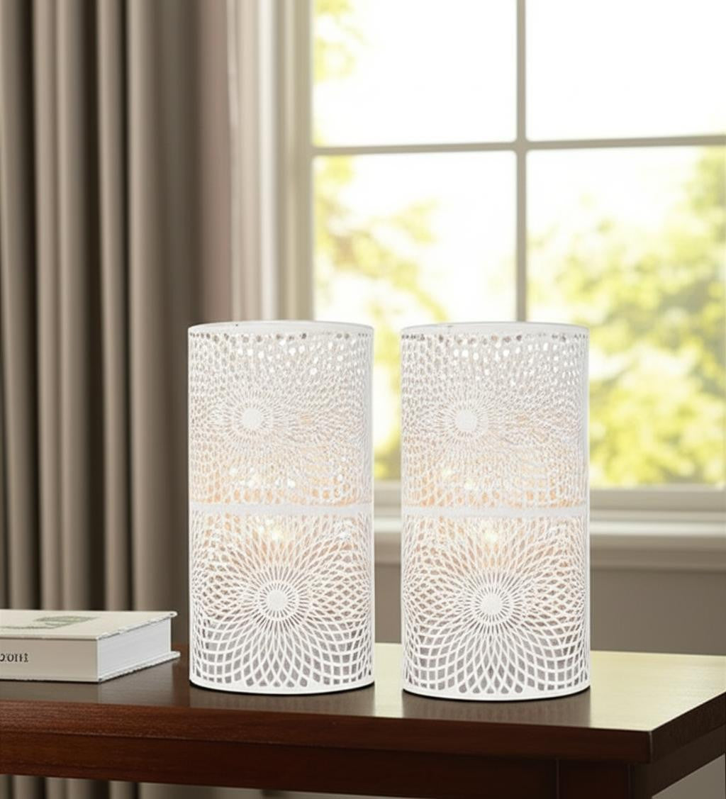 Set of Two 8 White Metal Pierced Geometric Battery Operated Lamps With Cylinder Shades