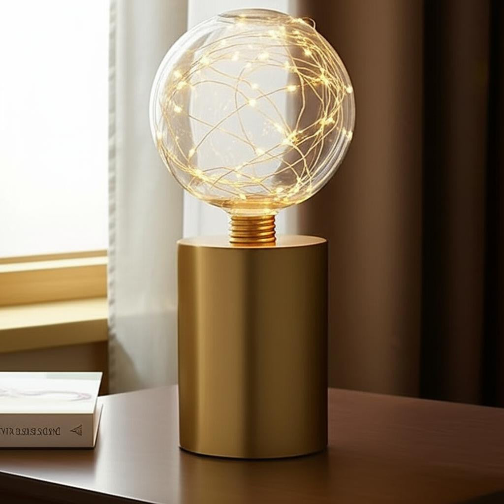 Set of Two 8 Gold Battery Operated Round Bedside Lamps With Globe Shades