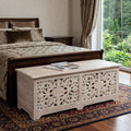 52 White Distressed Solid Wood Carved Floral Storage Ottoman