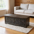 52 Black Distressed Solid Wood Carved Floral Storage Ottoman