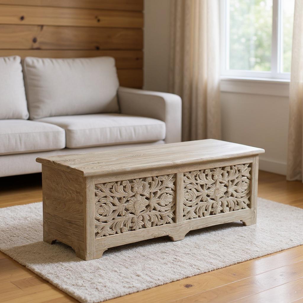 52 Gray Distressed Solid Wood Carved Floral Storage Ottoman