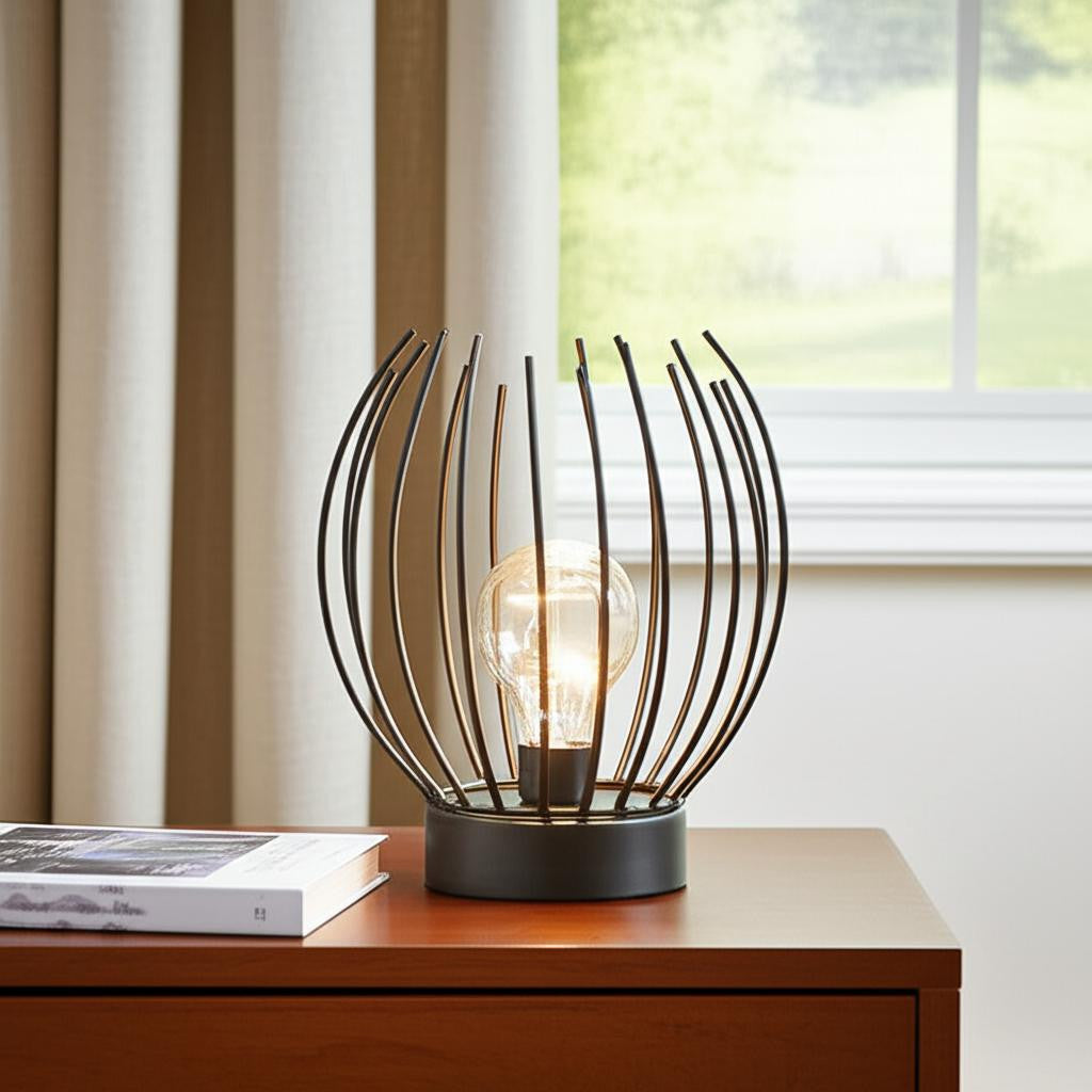 7 Black Battery Operated Round Bedside Lamp With Metal Cage Globe Shade