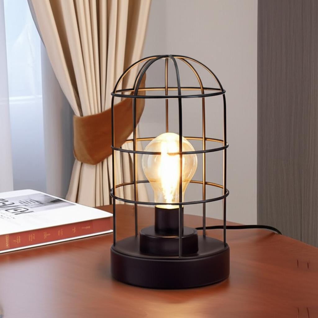 Set of Two 10 Black Battery Operated Lamps With Cage Cylinder Shades