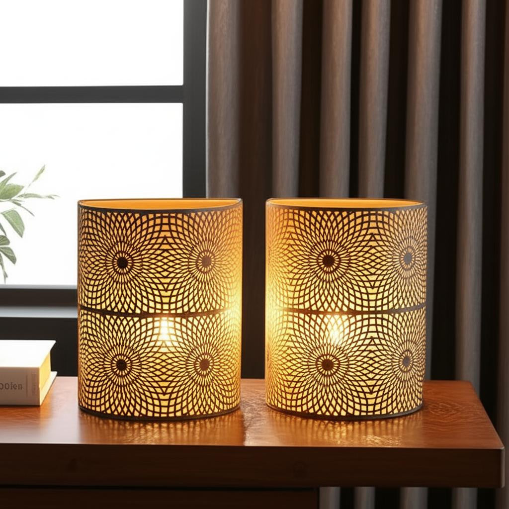 Set of Two 8 White Battery Operated Lamps With Pierced Shades
