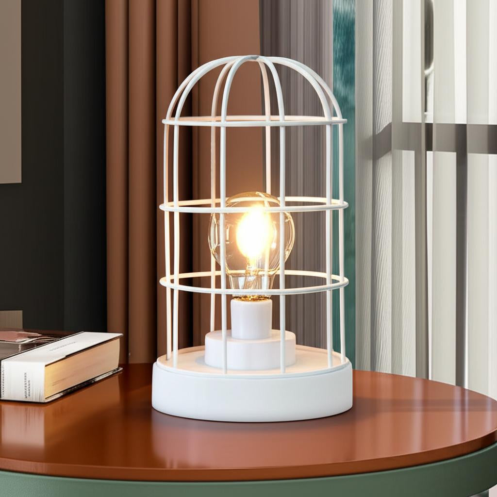 10 White Battery Operated Lamp With Cage Cylinder Shade