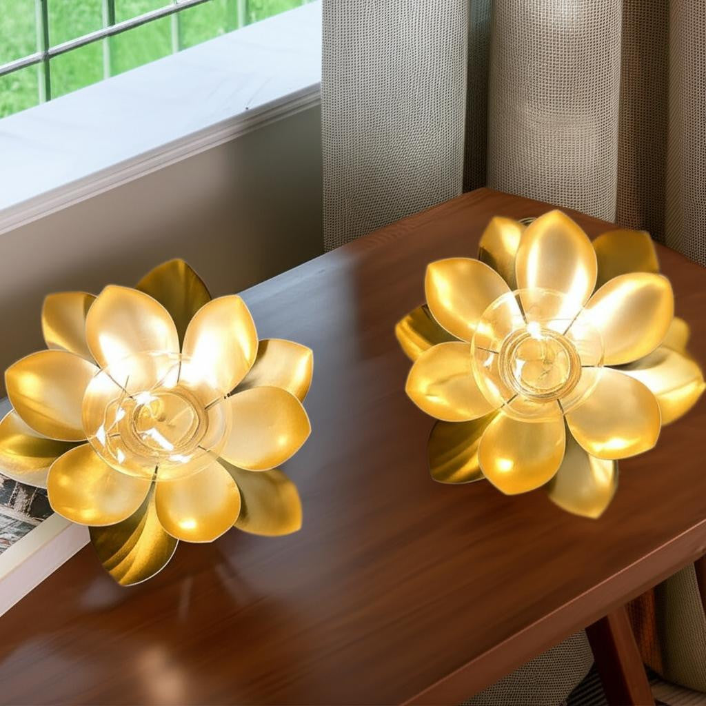 Set of Two 6 Gold Battery Operated Round Lamps With Lotus Flower Shades