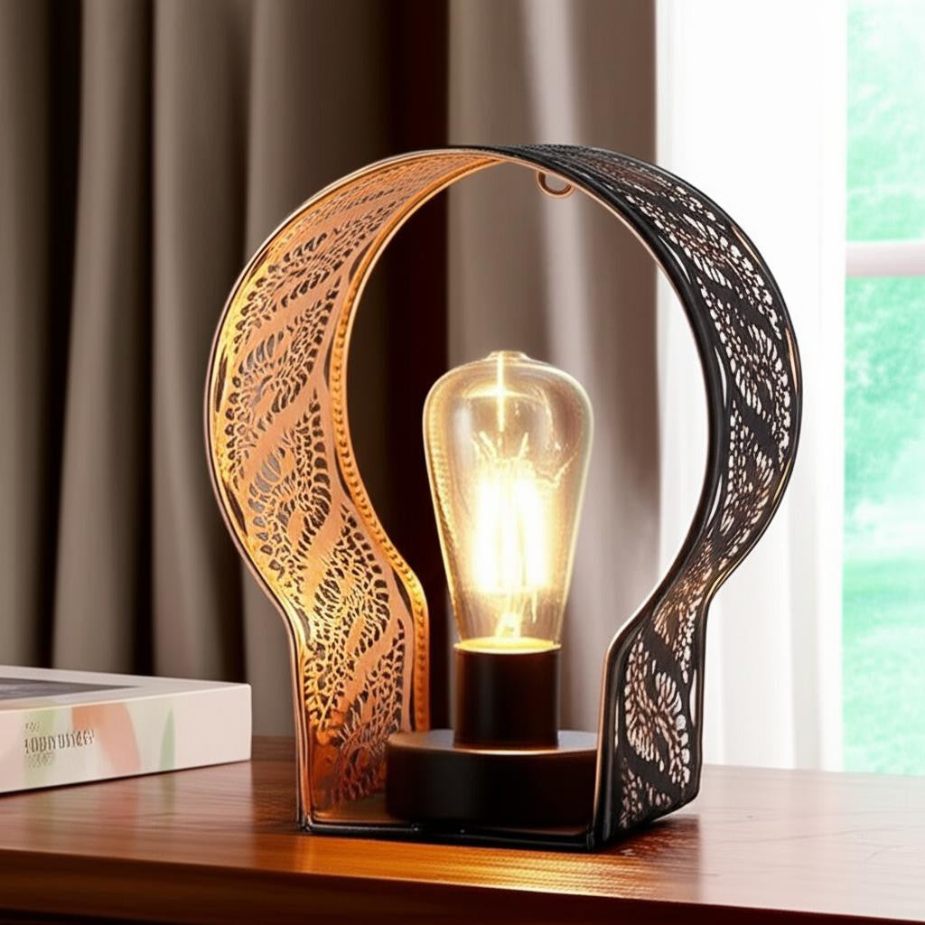 7 Black Battery Operated Round Bedside Lamp With Pierced Shade