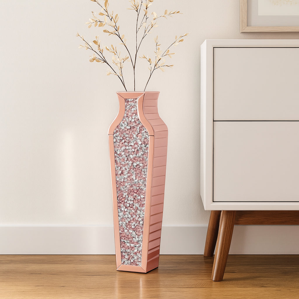 27 Pink Mirrored Glass Floor Vase With Faux Crystals