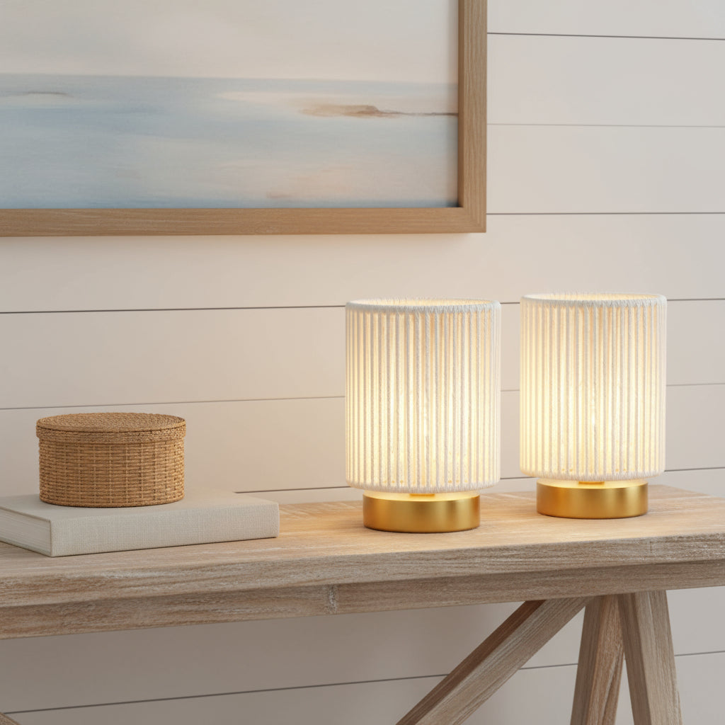 Set of Two 5 Off White Battery Operated Bedside Lamps With Rope Cylinder Shades