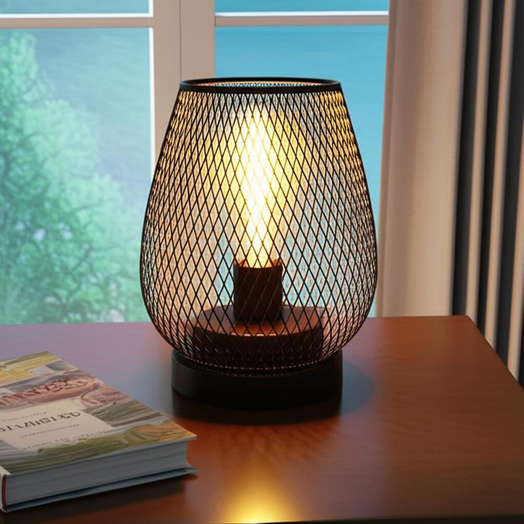 7 Black Battery Operated Novelty Bedside Lamp With Pierced Cone Shade