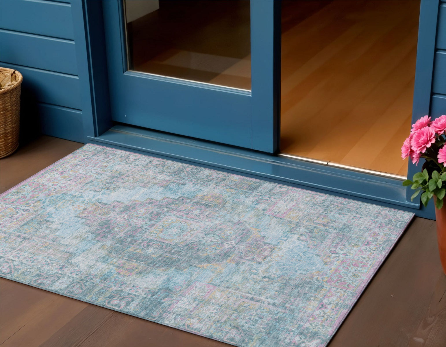 3 X 5 Blue And Pink Medallion Washable Indoor Outdoor Area Rug