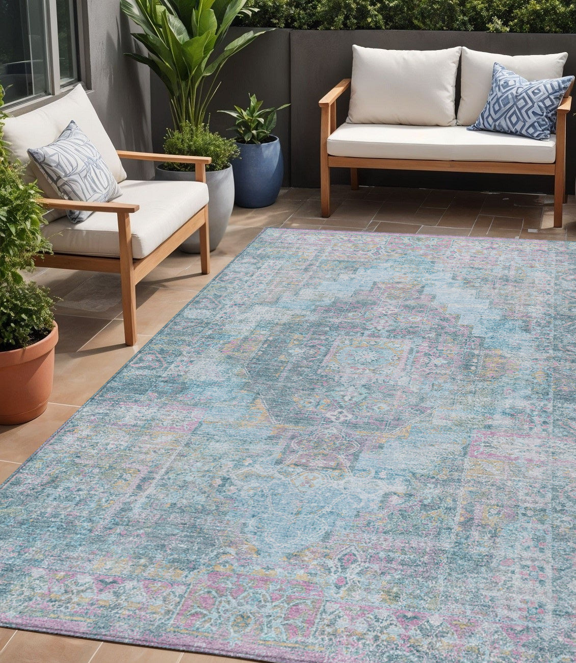 5 X 8 Blue And Pink Medallion Washable Indoor Outdoor Area Rug