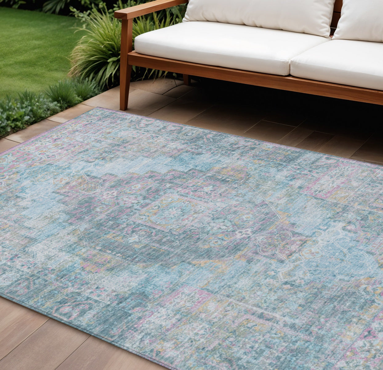8 X 10 Blue And Pink Medallion Washable Indoor Outdoor Area Rug