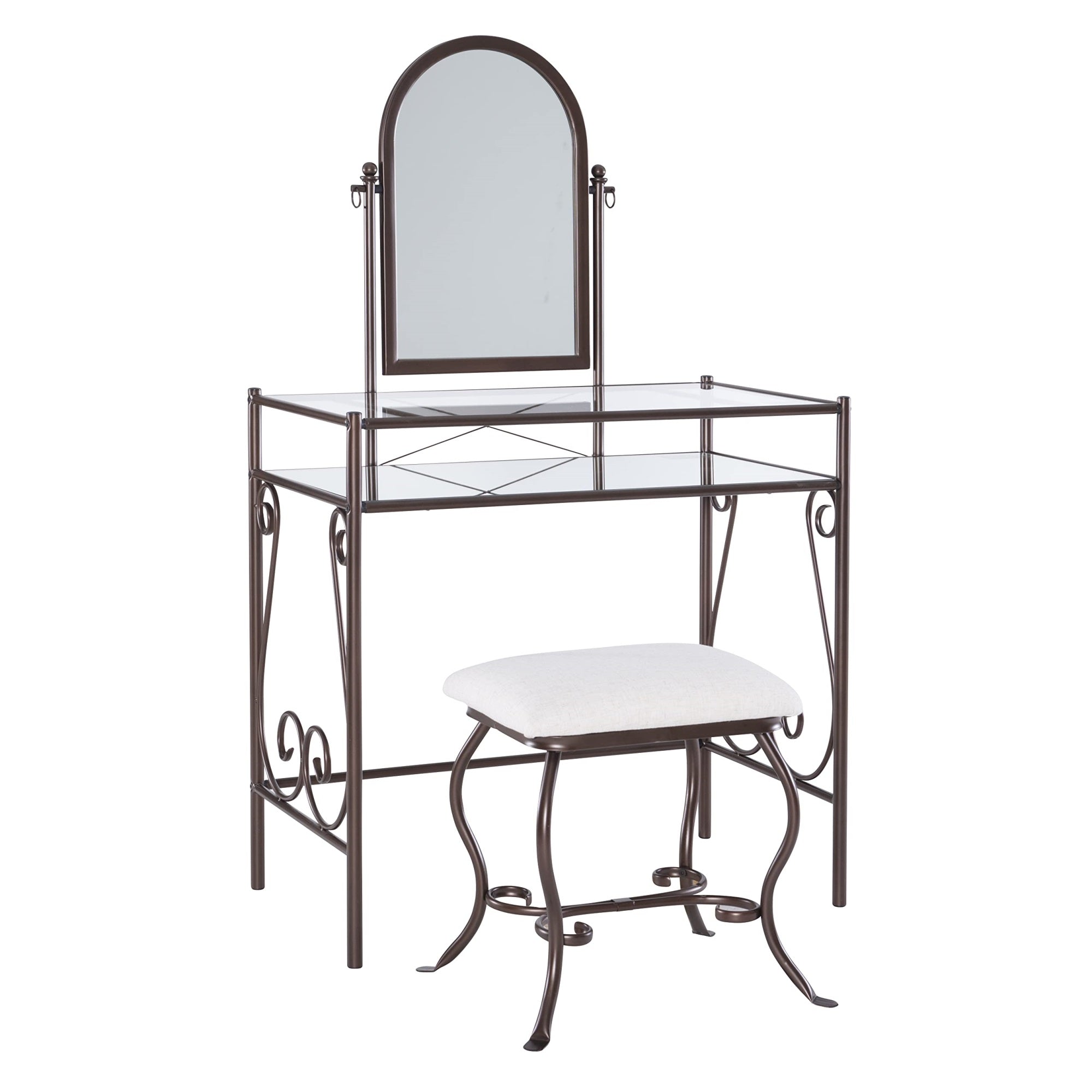 Linon Dark Metal Set Table with Upholstered Stool Clarisse Vanity, 52.4 x 31.8 x 18.3