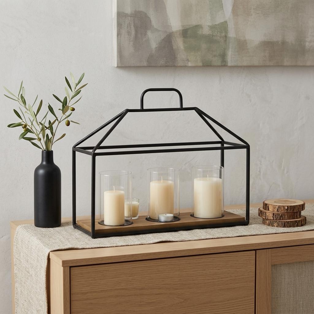 15 Black Metal Glass And Wood Geometric Three Light Hurricane Candle Holder