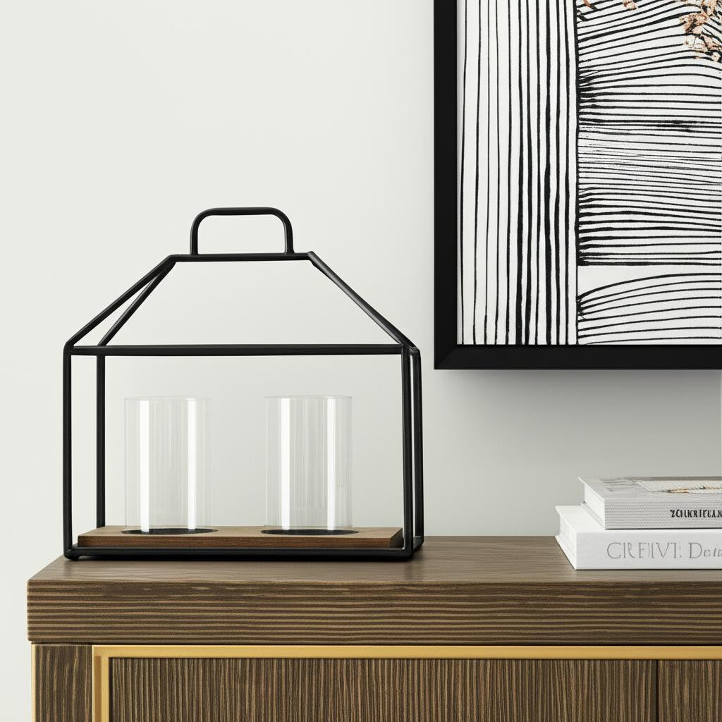 15 Black Metal Glass And Wood Geometric Two Light Hurricane Candle Holder