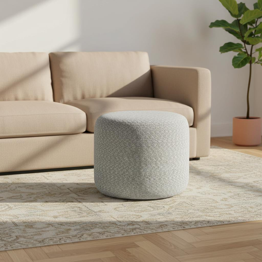 20 Inch Light Blue and White Cotton Abstract Round Pouf Ottoman