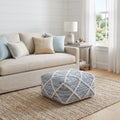 20 Inch Blue and White Cotton and Wool Geometric Pouf Ottoman