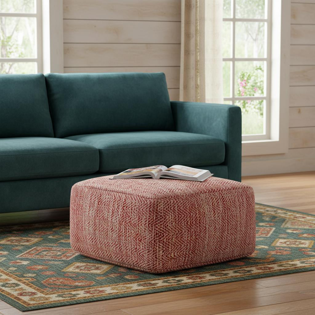 20 Inch Cream and Maroon Cotton Chevron Pouf Ottoman