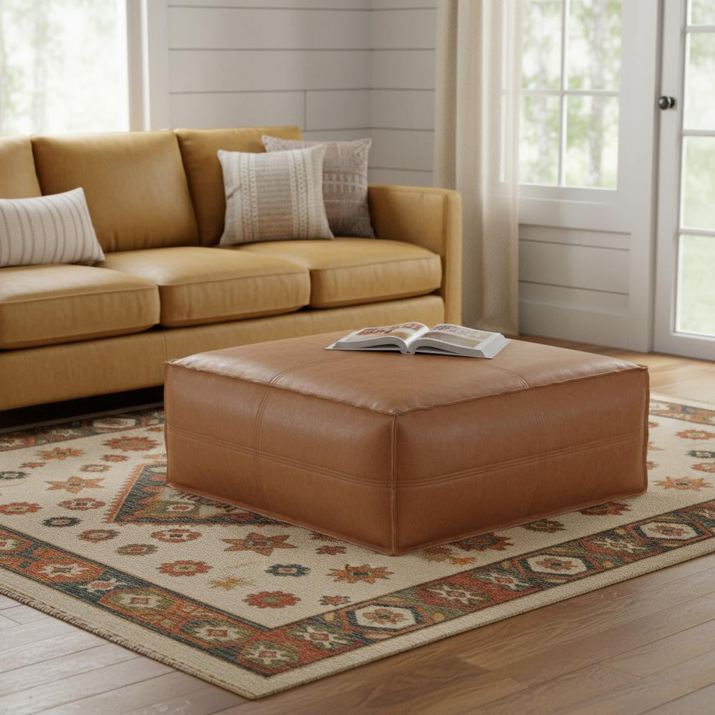 36 Inch Brown Faux Leather Pouf Ottoman