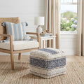 18 Inch Blue Brown and Off White Cotton and Wool Striped Pouf Ottoman