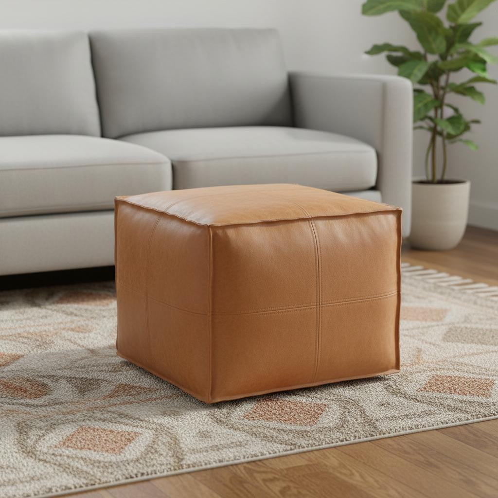18 Inch Brown Faux Leather Pouf Ottoman