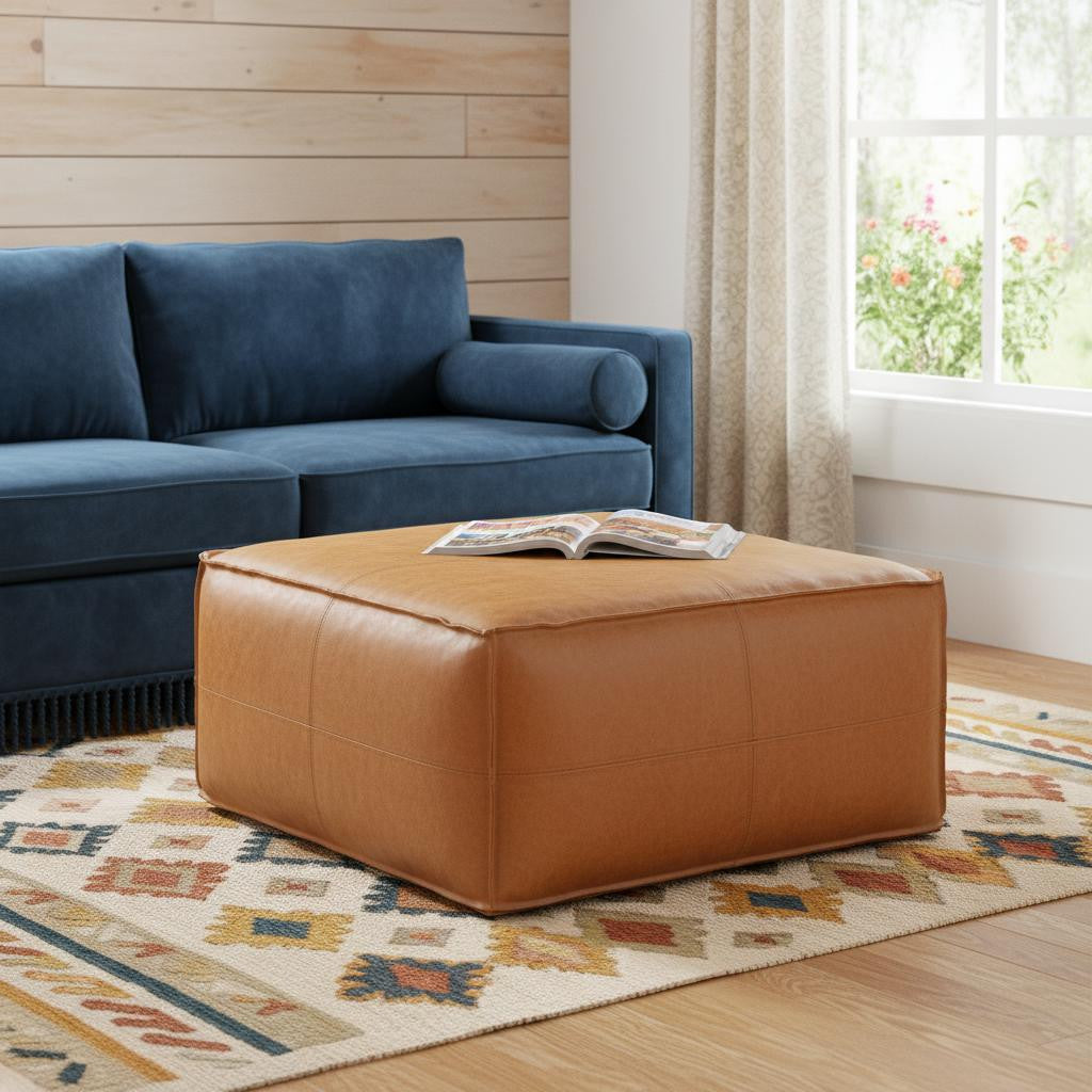 30 Inch Brown Faux Leather Pouf Ottoman