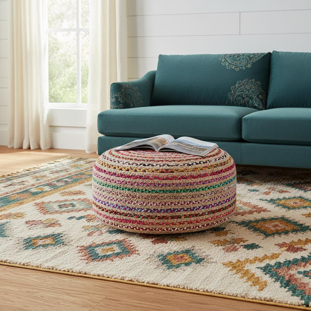 30 Inch Blue Natural and Red Jute and Cotton Striped Round Pouf Ottoman