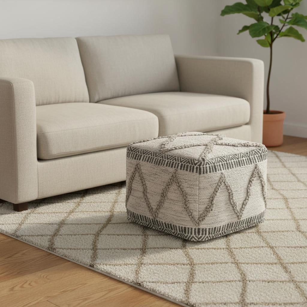 18 Inch Gray and Tan Cotton and Wool Geometric Pouf Ottoman