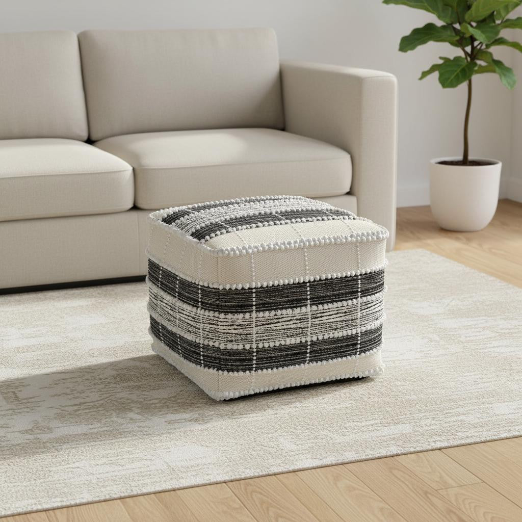 18 Inch Beige Black and White Upholstery Striped Pouf Ottoman