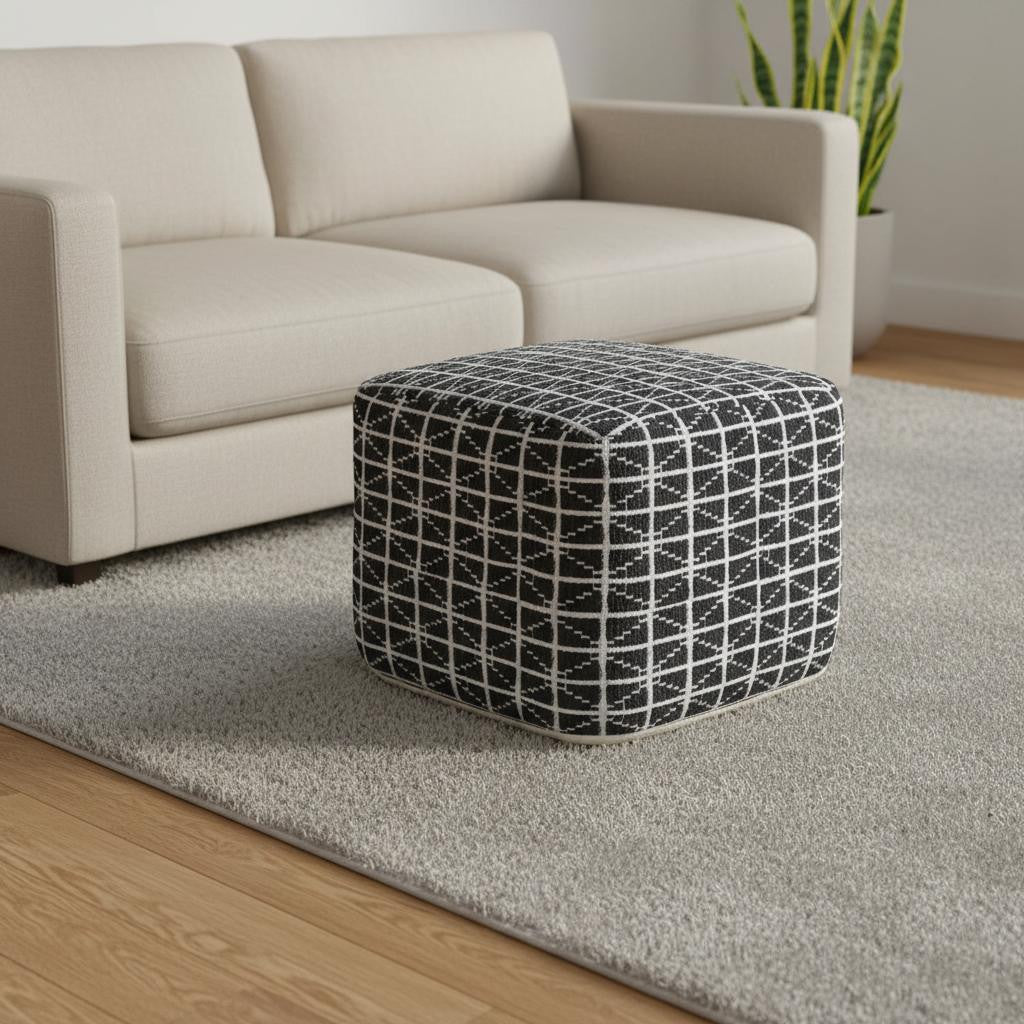 18 Inch Slate Gray and White Cotton Geometric Pouf Ottoman