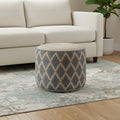 18 Inch Gray Natural and Tan Jute and Cotton Geometric Round Pouf Ottoman