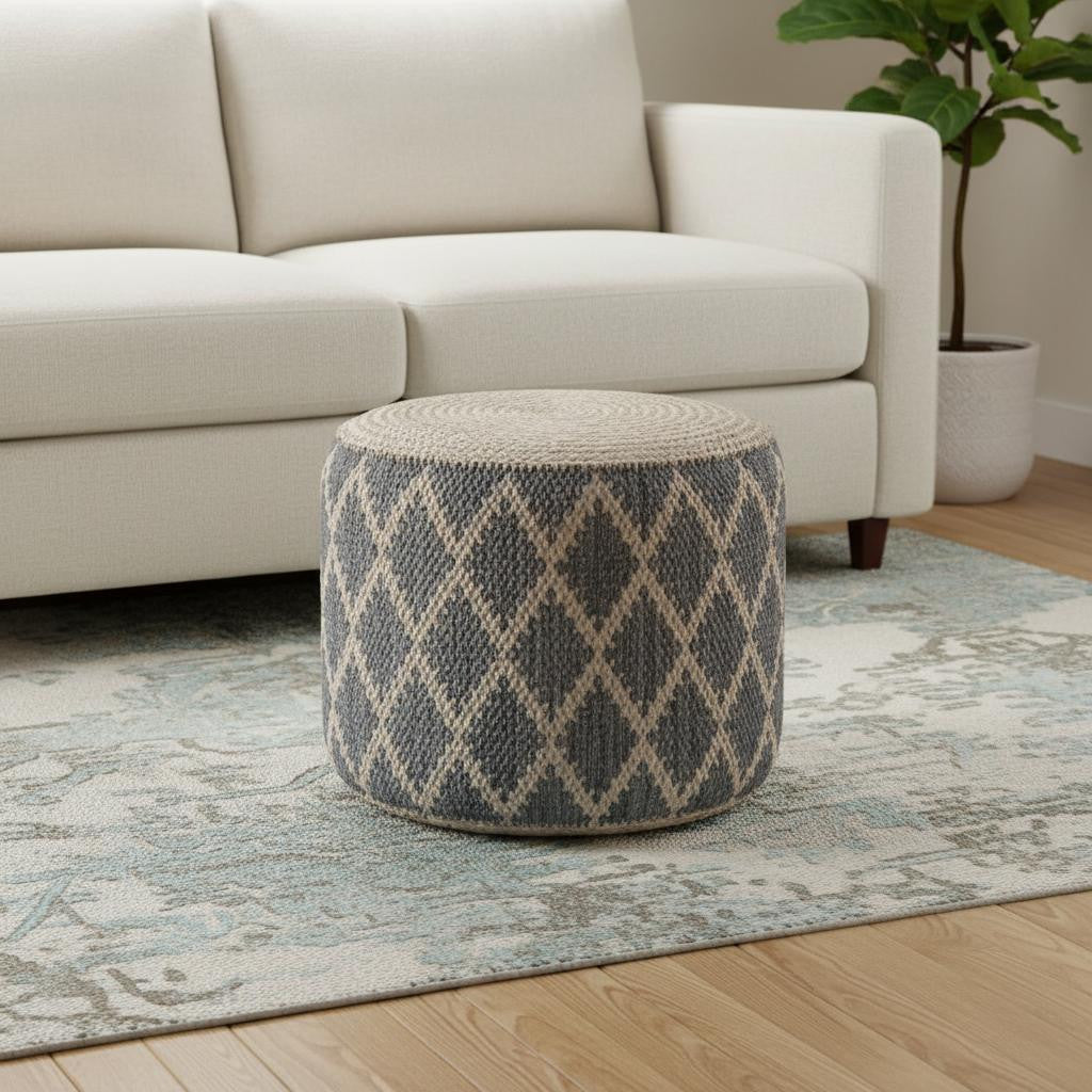 18 Inch Gray Natural and Tan Jute and Cotton Geometric Round Pouf Ottoman