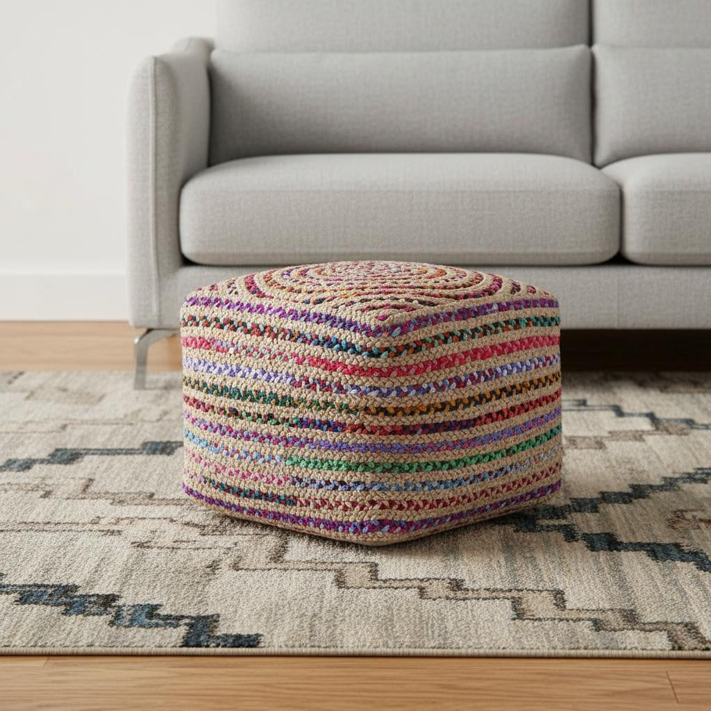 20 Inch Blue Red and Tan Cotton and Jute Striped Pouf Ottoman