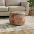20 Inch Blue Orange and Tan Cotton and Jute Striped Round Pouf Ottoman