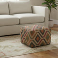 20 Inch Brown Gray and Tan Cotton and Jute Geometric Pouf Ottoman