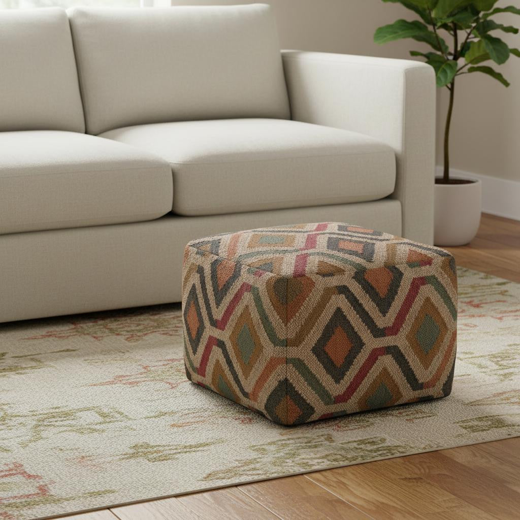20 Inch Brown Gray and Tan Cotton and Jute Geometric Pouf Ottoman