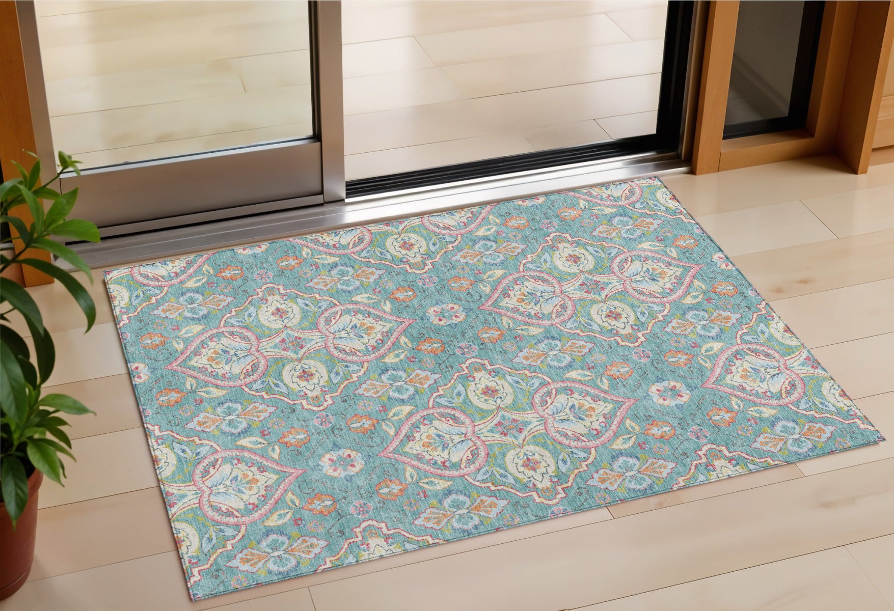 3 X 5 Teal Blue Pink And Orange Ogee Washable Indoor Outdoor Area Rug