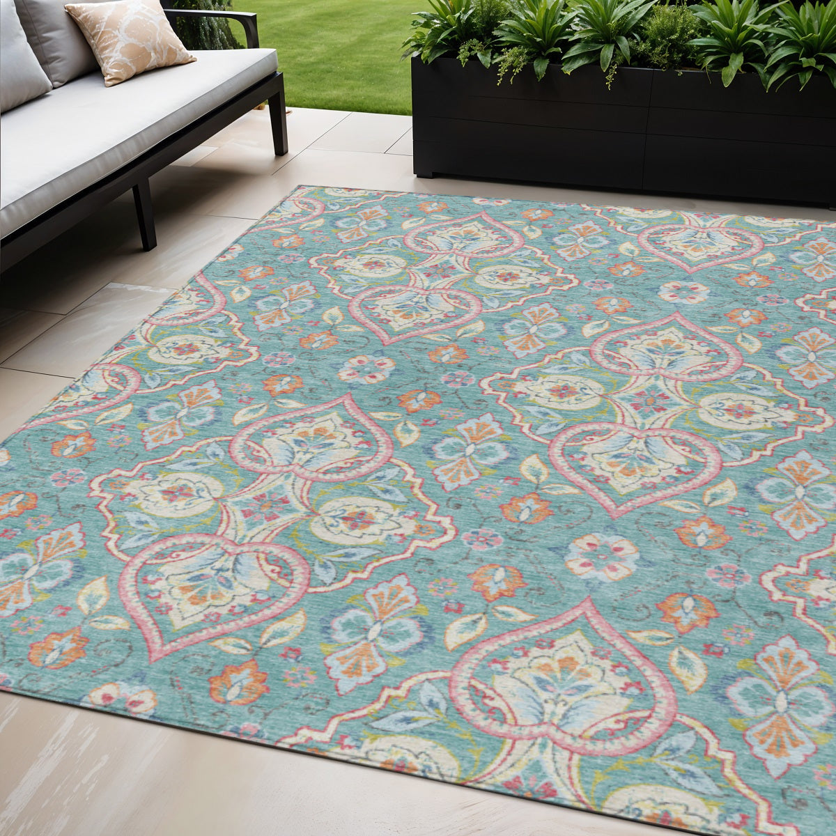 5 X 8 Teal Blue Pink And Orange Ogee Washable Indoor Outdoor Area Rug