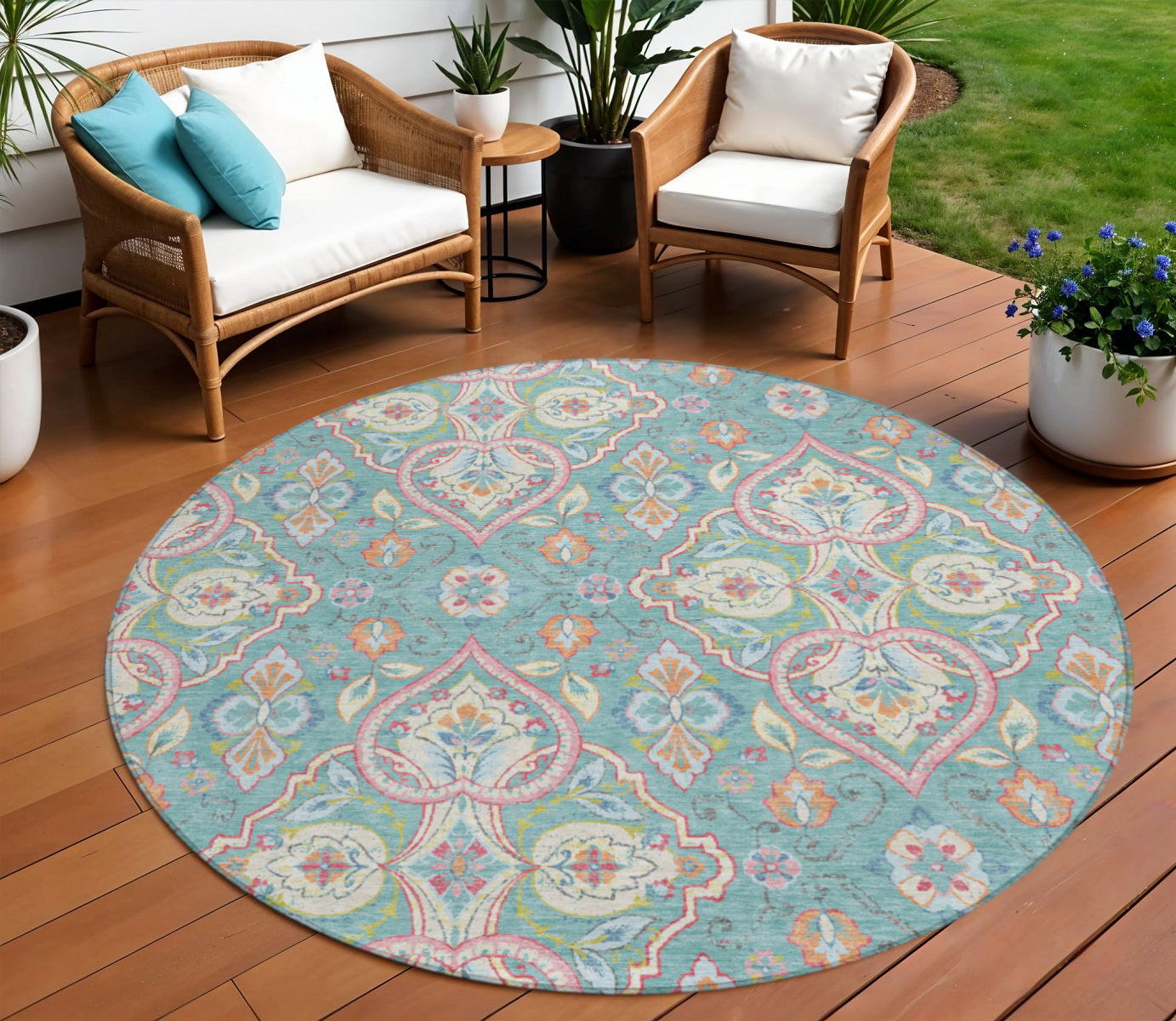 8 Teal Blue Pink And Orange Round Ogee Washable Indoor Outdoor Area Rug